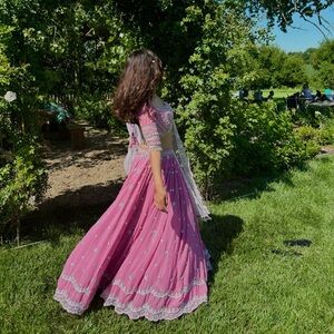 Three piece lehenga set, crop top, skirt and shawl. Blouse size 34 chests.